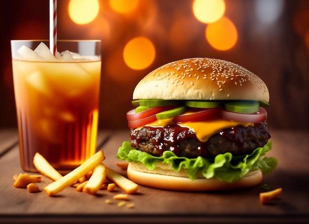 Fast Food Combo met Hamburger Fries en Cola op een rustieke houten achtergrond Ai gegenereerd kunstwerk