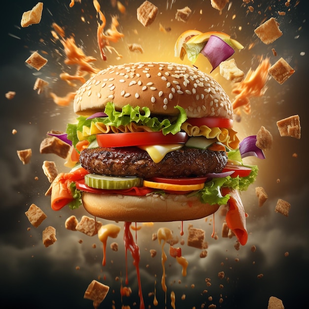 fast food concept flying hamburgers ingredients