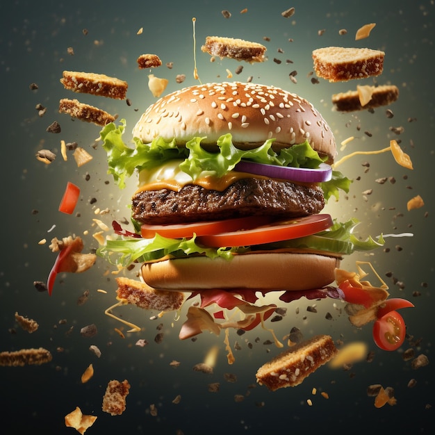 fast food concept flying hamburgers ingredients