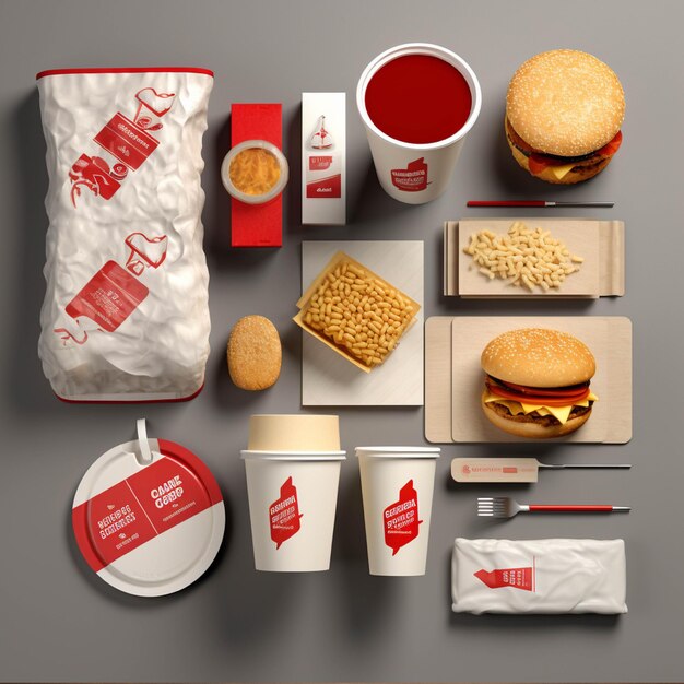 Fast food concept Paper bags fast food and drinks on black background