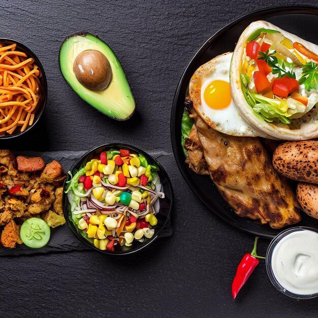 Fast food dish and health food on black stone background