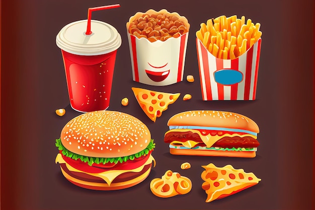 Fast food drawing junk food set Generative AI