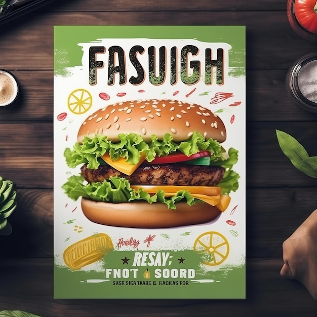 Foto fast food flyer poster opuscolo brochure copertina modello di layout design in formato a4 ai generato