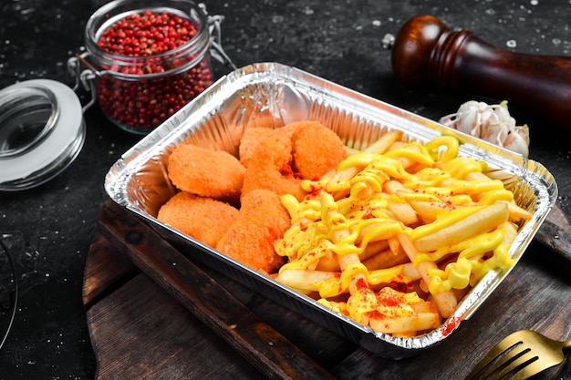 Fast food French fries and chicken nuggets in a disposable dish On a wooden board