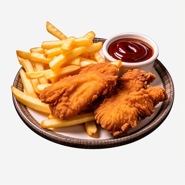 Photo fast food fried chicken french fries ketchup and mayonnaise on white background