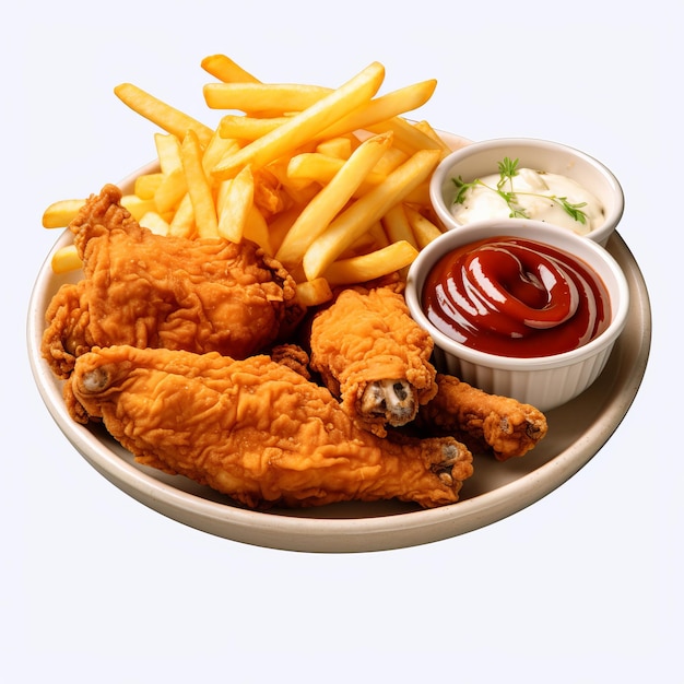 Photo fast food fried chicken french fries ketchup and mayonnaise on white background