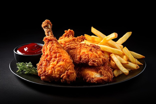 Fast food fried crispy chicken and french fries potatoes with ketchup sauce