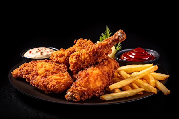 Fast food fried crispy chicken and french fries potatoes with ketchup sauce