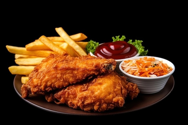 Fast food fried crispy chicken and french fries potatoes with ketchup sauce