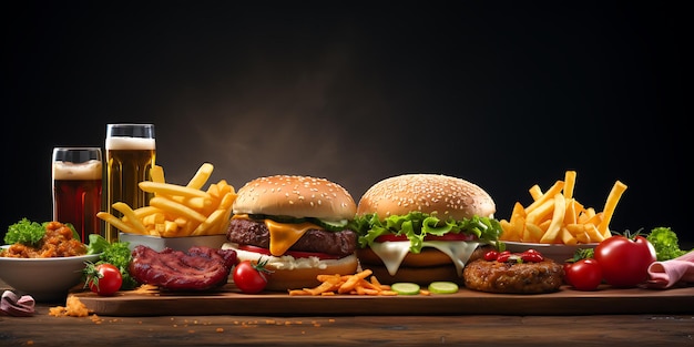 Foto fast food hamburger patatine fritte e insalata di cavolo su sfondo nero