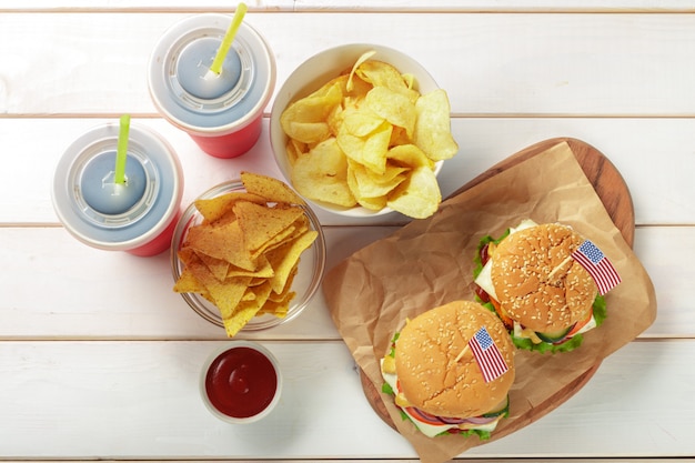 Fast food, homemade burger on wooden 