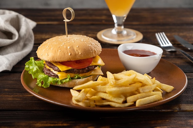 Fast food homemade burgers with french fries