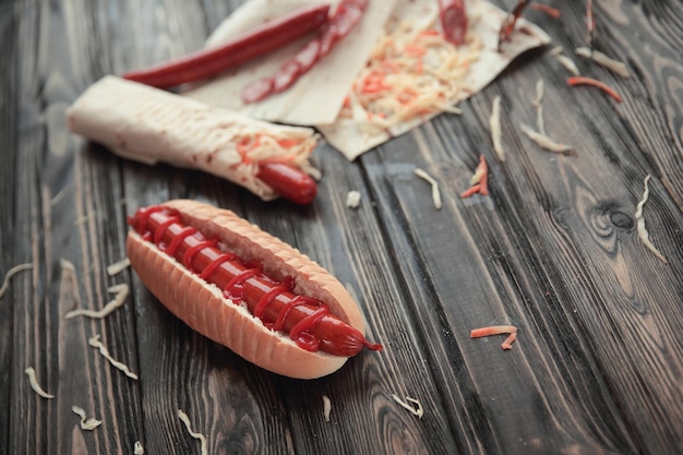 Fast food hotdogs met saus op houten achtergrond