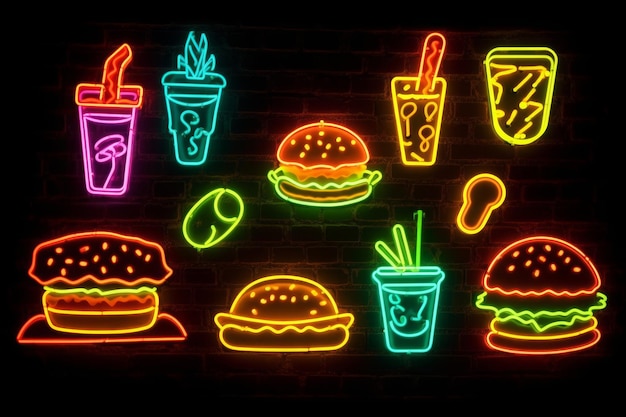 Fast food icons in neon color on brick wall Generative AI