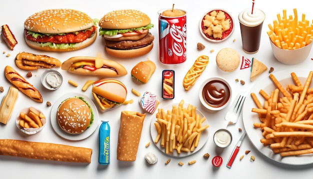 Foto concetto di fast food e junk food su sfondo bianco