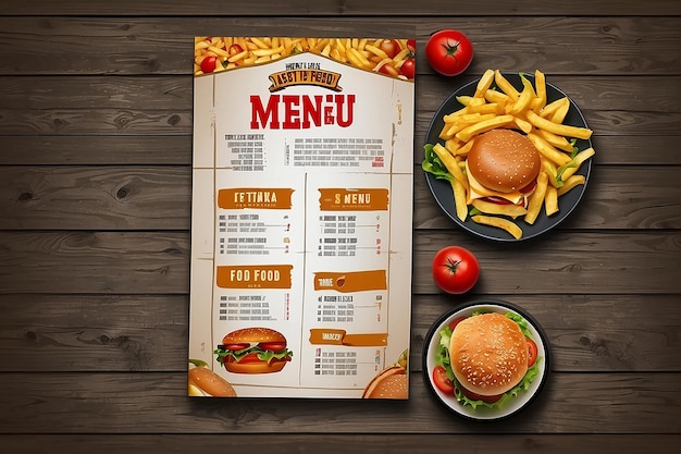 Fast food loft menu brochure design on wooden background vector template