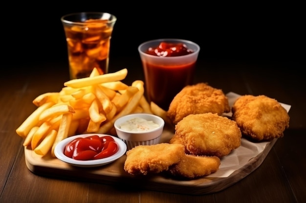 Fast food meal with chicken nuggets ketchup fries and cola