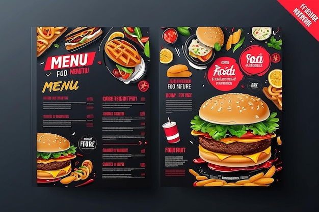 Fast food menu brochure design on a dark background vector template