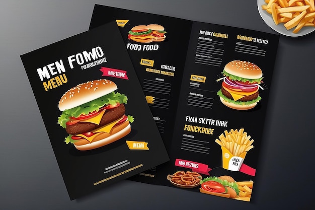 Fast food menu brochure design on a dark background vector template