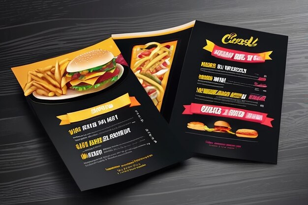 Дизайн брошюры меню быстрого питания на темном фонном векторном шаблоне
