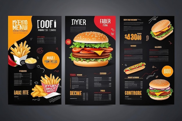 Foto disegno di un opuscolo del menu del fast food su un modello vettoriale a sfondo scuro