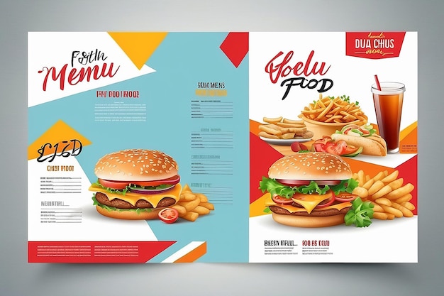 Foto progettazione di un opuscolo di menu fast food su un modello vettoriale a sfondo chiaro