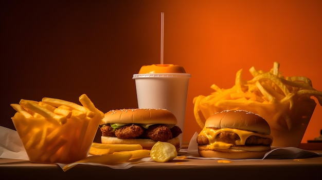 Foto menu fast food con hamburger fritti e soda