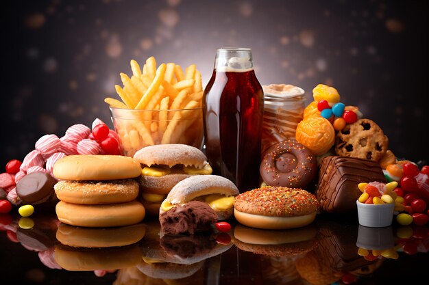 Фото Быстрая еда на темном фоне гамбургер картошка фри кола и попкорн