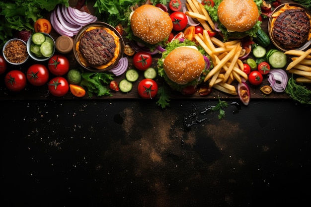 Фото Быстрая еда на деревянном фоне с копировальным пространством верхний вид на вкусные чизбургеры с картошкой фри и свежими овощами