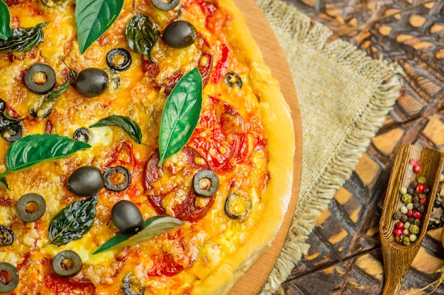 Fast food pizza italian traditional on wooden table