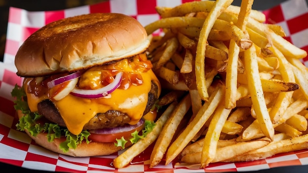 Fast food platter with burger and fries