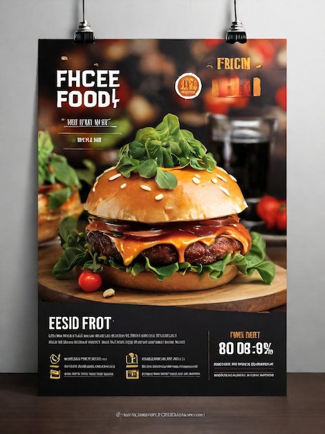 Photo fast food restaurant burger social media marketing web banner with abstract fire background logo and icon healthy hamburger or pizza online sale promotion cover corporate business flyer