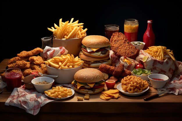 Photo fast food restaurant menu burgers french fries coleslaw chicken nuggets and salads on wooden table