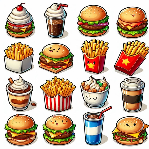 Коллекция икон меню ресторанов быстрого питания, включая напитки