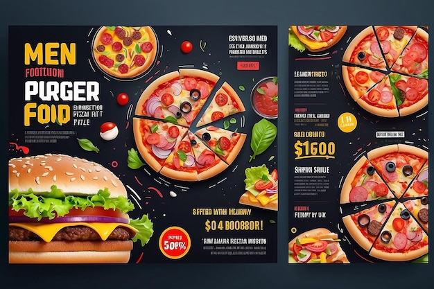 Foto menu di ristoranti fast food social media marketing web banner modello di progettazione pizza burger e cibo sano business flyer di promozione online