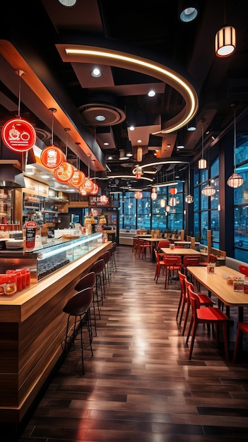 Fast food restaurant with contemporary lighting and seating designs