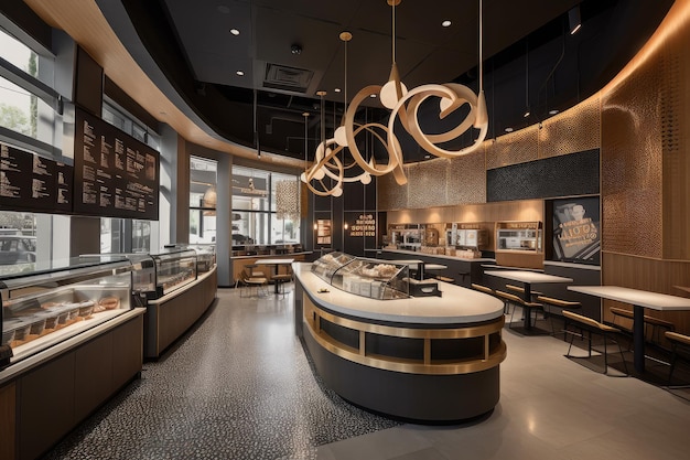 Fast food restaurant with modern and sleek design featuring abstract art and metallic accents