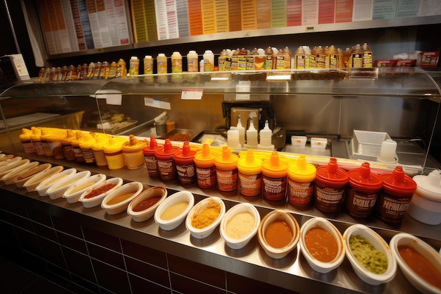 A fast food restaurant with various sauces and condiments on display for customers