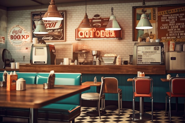 Fast food restaurant with vintage sign and retro decor