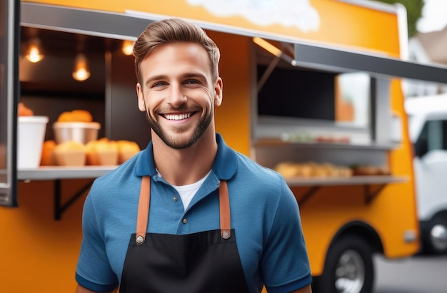 продавец быстрого питания на улице улыбается белый продавец мужчины стоит перед грузовиком с едой на открытом воздухе