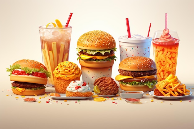 Photo fast food set with milkshake cookies ice cream and desserts