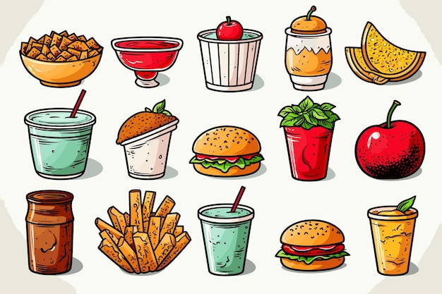 Fast Food snacks icons of cheeseburger French fries and hot dog hamburger burrito coffee