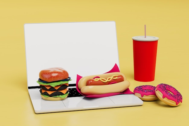 Закуски быстрого питания на рабочем ноутбуке, на котором пончики с чизбургером, хот-дог и кола 3d рендеринг