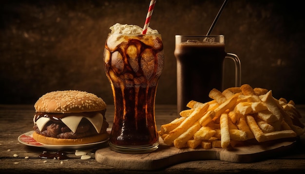 Fast food and unhealthy eating concept close up of fast food snacks and cola drink on wooden table Generative ai