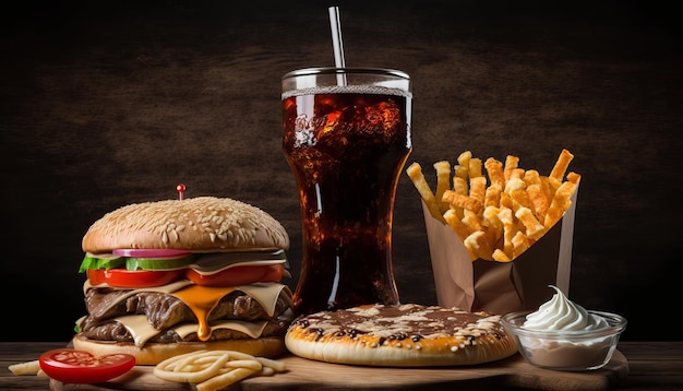 Fast food and unhealthy eating concept close up of fast food snacks and cola drink on wooden table Generative ai