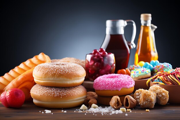 fast food on wooden table Toned image