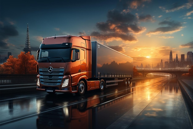 Fast freight 3D rendered truck rear angle navigates sunrise cityscape embodying efficient logistics