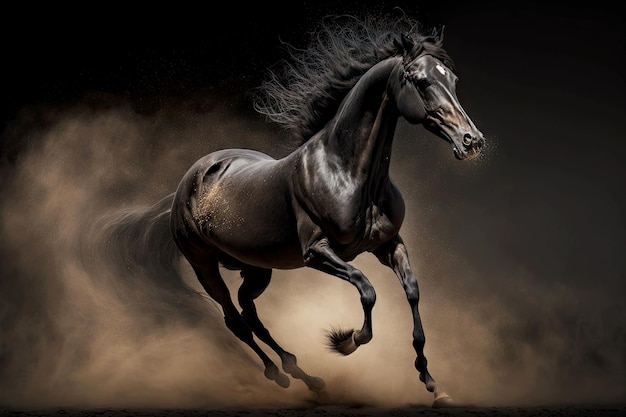 Fast galloping black horse with waving mane