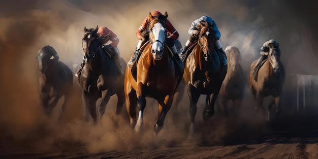 Photo fast horse racing illustration jockey sports in speed generative ai