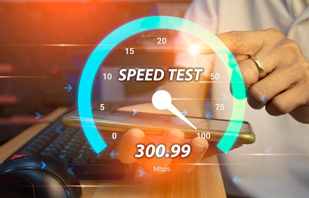 Fast internet connection speedtest network bandwidth technology Man using high speed internet with smartphone and laptop computer 5G quality speed optimization